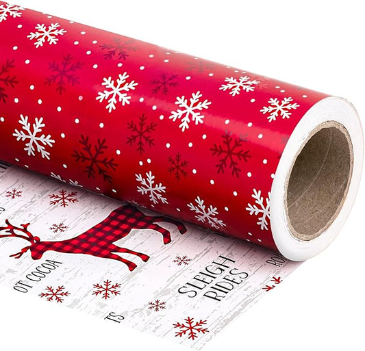 WRAPAHOLIC 30 Inch Jumbo Reversible Christmas Wrapping Paper - 30 Inch x 33 Feet - Red White Reindeer and Snowflake Wrapping Paper for Christmas, Holiday, Party