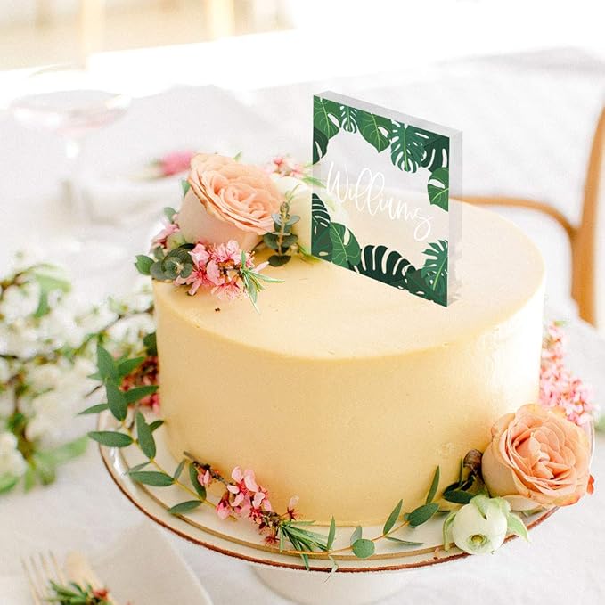 Andaz Press Tropical Greenery Last Name Custom Wedding Cake Topper, Acrylic Square Personalized Couple Cake Topper