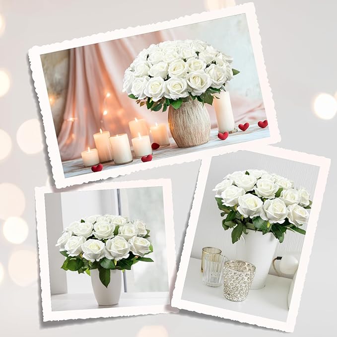 Bulk Artificial Flowers 50 PCS, Fake Velvet Silk White Roses with Long Stems Realistic Bouquet for Wedding Centerpieces, Faux Arrangement for Home Table Decor
