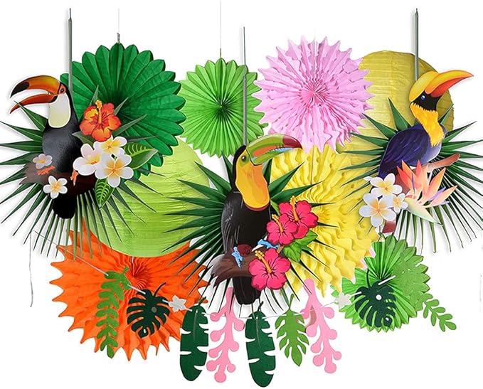 Tropical Bird Toucan Leaf Garland Party Kit for Summer Hawaiian Luau Tiki Tropical Jungle Themed Party Decorations Luau Party Supplies Decor with Palm Leaves Paper Fan Paper Lanterns