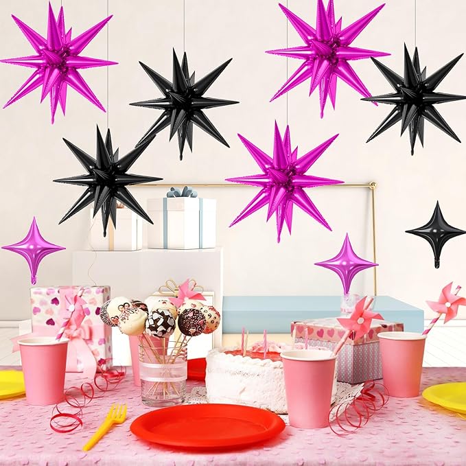 18 Pcs Black Pink Star Balloons, Hot Pink and Black Balloon with 6 Pcs 22-Inch Explosion Star Balloons 12Pcs 10-Inch Four Pointed Stars Foil Balloon for Bridal Shower Girls Birthday Party Decor