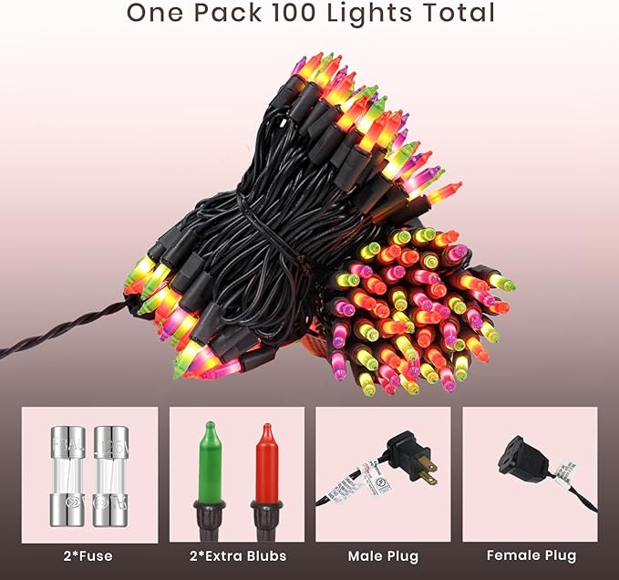 Halloween Purple Orange & Green String Lights – 100 Count Mini Incandescent, 26.5ft Black Wire, UL Listed, Connectable up to 125ft, Spooky Christmas Lights for Indoor & Outdoor Decor