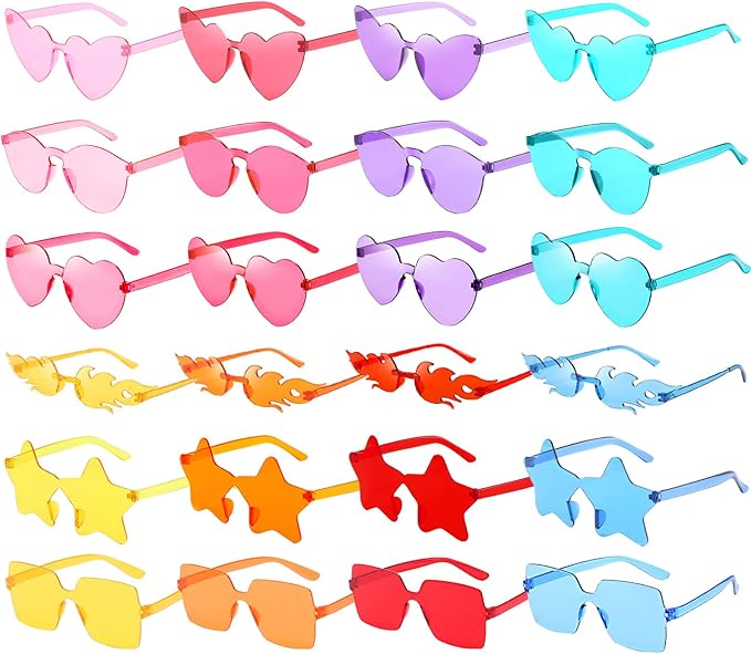 Pibupibu 12/24 Pack Fun Mixed Rimless Party Glasses Bulk, Colorful Funny Sunglasses Set for Bachelor Party Favors
