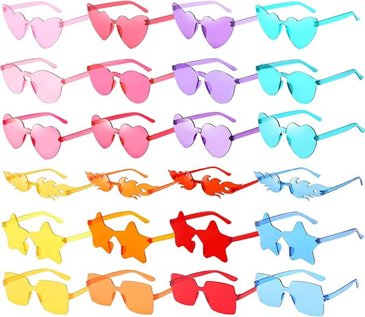 Pibupibu 12/24 Pack Fun Mixed Rimless Party Glasses Bulk, Colorful Funny Sunglasses Set for Bachelor Party Favors