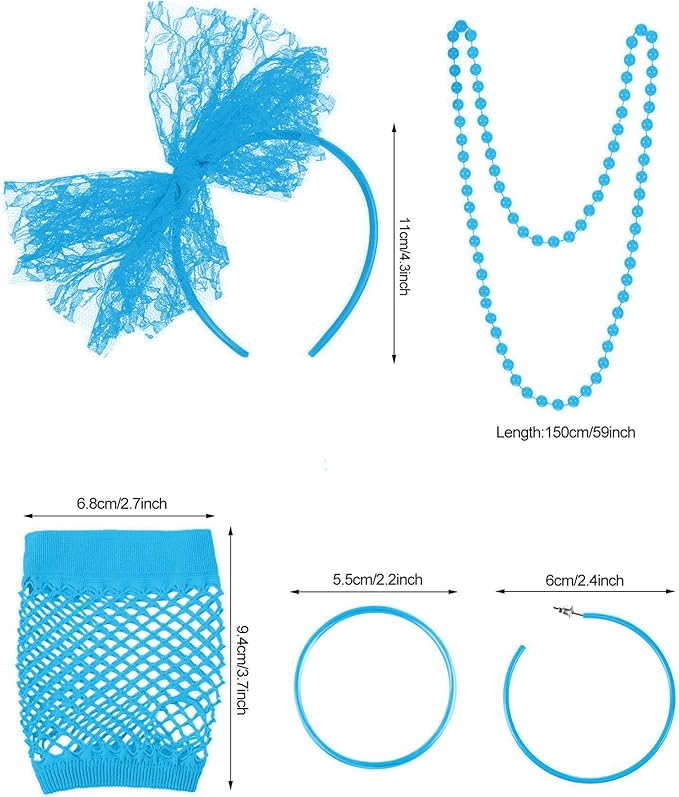 Blulu 80s Costume Accessories for Women Lace Headband Earrings Fishnet Gloves Necklace Bracelet for 80s Retro Party