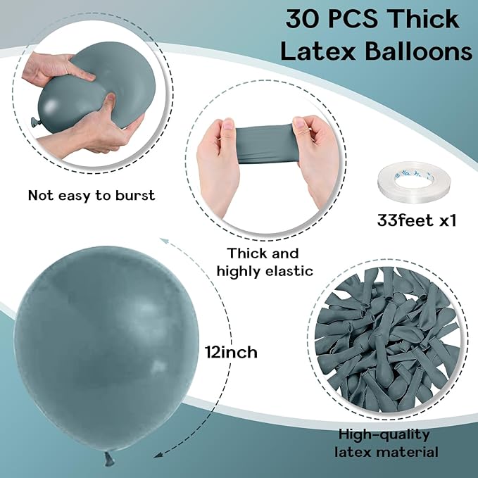 Slate Blue Balloons, 12 Inch 30 Pcs Dusty Dark Teal Latex Matte Retro Sea Fog Helium for Birthday Boho Baptism Baby Shower Party Decorations