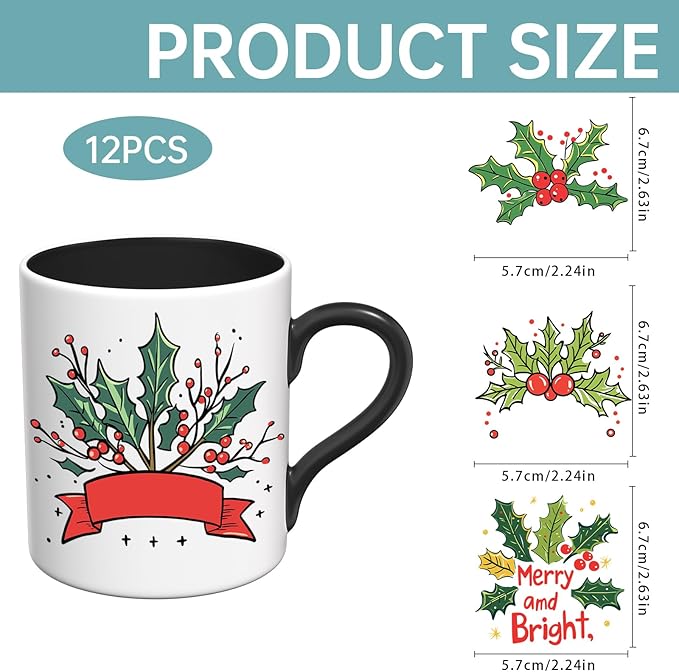 UV DTF Stickers - 12 Sheets Merry Christmas UV DTF Cup Wrap for Coffee Mugs Glass, DIY Decals for Tumblers, Waterproof Rub on Transfers for Crafts