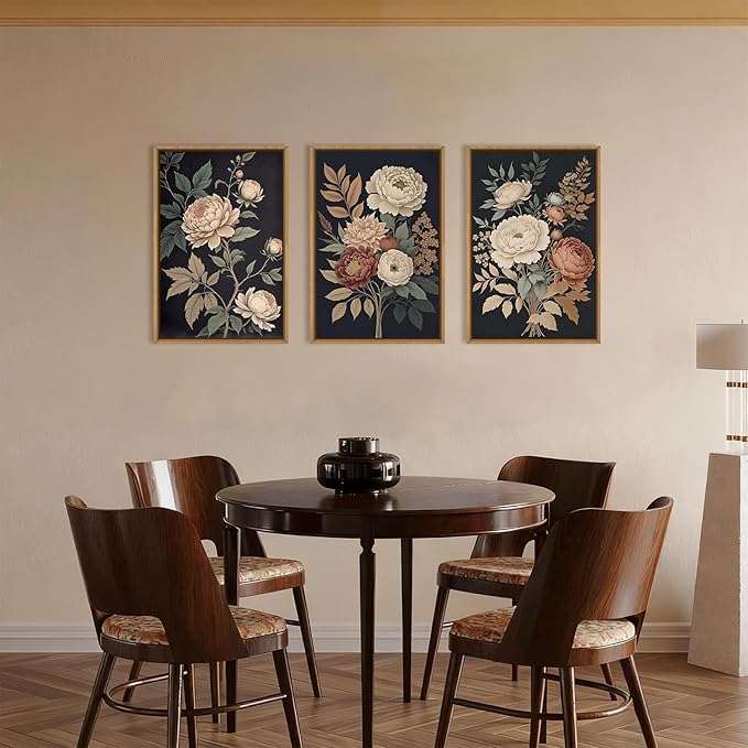 HOURIA Large Moody Dark Flower Framed Canvas Wall Art,Retro Beige Red Peony Wall Decor,Vintage Textured Blossom Botanical Artwork,Natural Wildflower Art Print for Living Room,Bedroom,Office-24 x36 x3