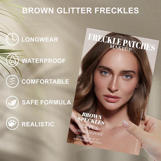 12Pcs Glitter Freckles for Women, Long Lasting Waterproof Holographic Sparkle Temporary Face Tattoo Star Sticker Makeup Patches for Rave Musical Festival Accessories (BROWN FAKE FRECKLES)