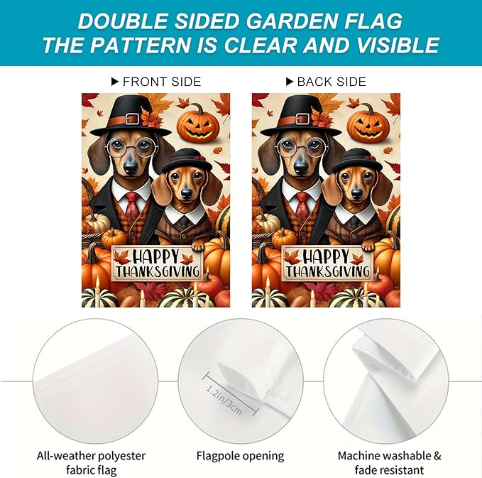 Happy Thanksgiving Dachshund Garden Flag 12x18 Inch Outdoor Flag Double Sided Fall Yard Banner with Dogs Pumpkins and Autumn Leaves for Porch Lawn Patio