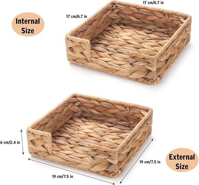 Water Hyacinth Napkin Holder for Table, Rattan Napkin Holder, Square Wicker Napkin Towel Holder for Bathroom, Kitchen, Restaurant, Decorative Tabletop Accessory, 7.5" x 7.5" x 2.5"