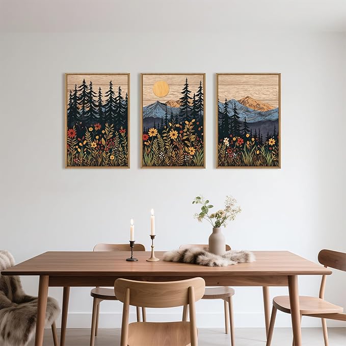 HOURIA Natural Mountain Floral Framed Canvas Wall Art,Modern Sunrise Forest Wall Decor,Boho Wildflower Woodland Landscape Artwork,Wilderness Pine Tree Field Art Print for Living Room,Office-16 x24 x3