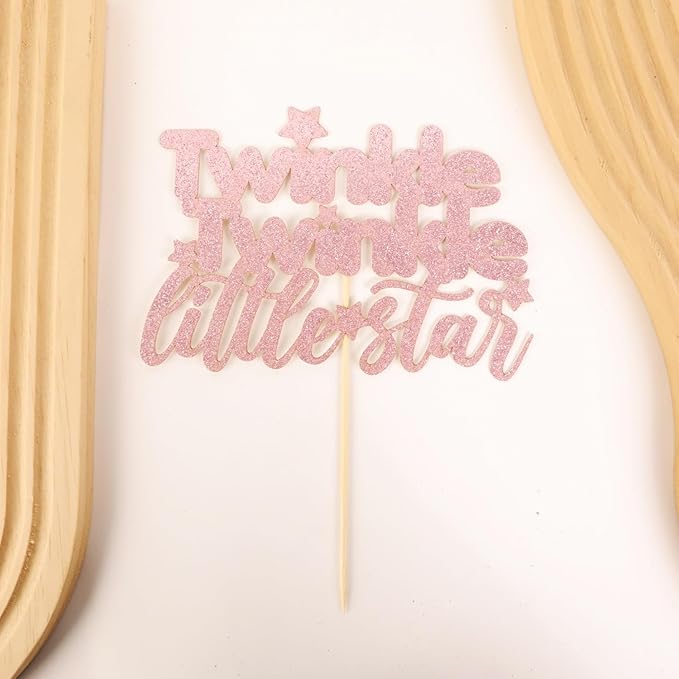 Twinkle Twinkle Little Star Cake Topper - Glitter Pink Baby Shower Party Cake Decoration, Perfect for Gender Reveal Party, 1st birthday Party or Photo Booth Props (Pink)