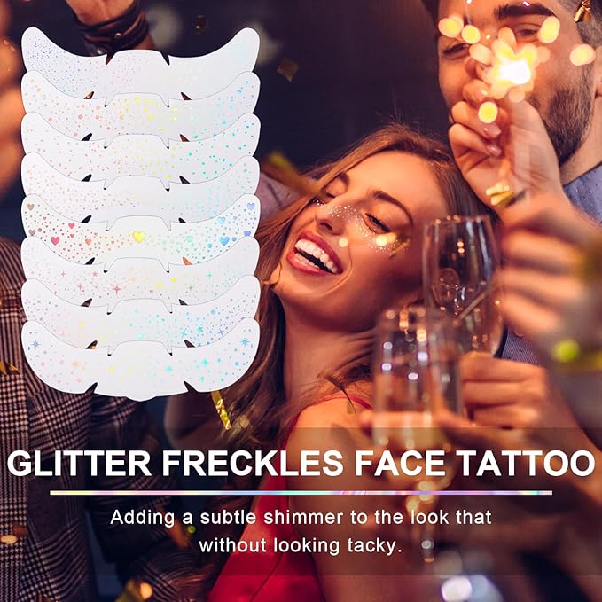 8PCS Glitter Freckles, Glitter Freckles Face Tattoo, Sparkle Freckles for Women and Kids, Cute Star Waterproof Gold Temporary Face Tattoos Glitter Glow Up Patches (8PCSA Holographic Multicolor)