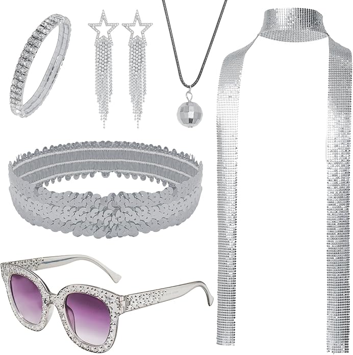6 Pcs 70s Women Disco Accessories Sequin Scarf Headband Bracelet Necklace Earrings Sunglasses for Halloween Disco Costume
