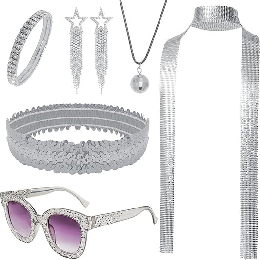 6 Pcs 70s Women Disco Accessories Sequin Scarf Headband Bracelet Necklace Earrings Sunglasses for Halloween Disco Costume