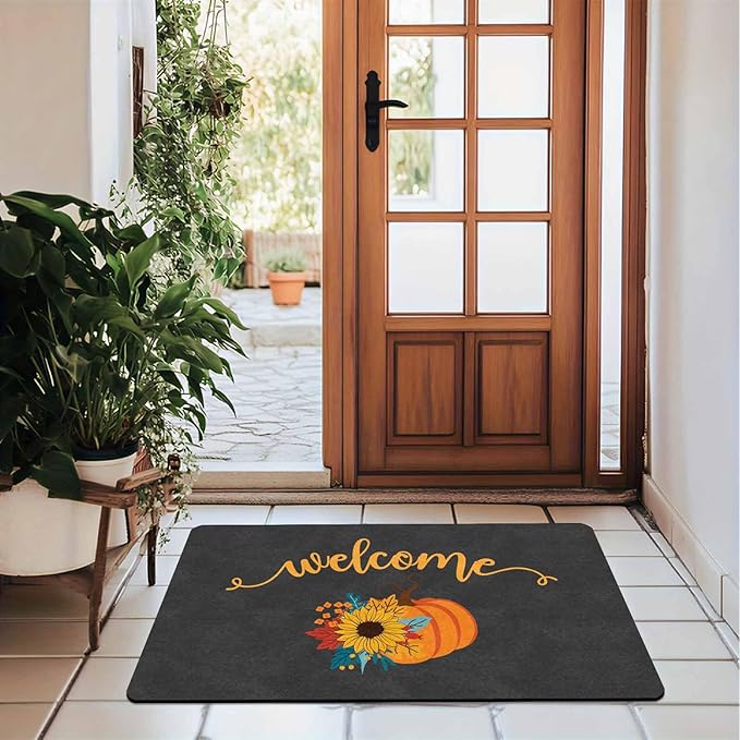 InterestPrint Fall Door Mat with Non-Slip Backing, Welcome Pumpkin Doormat Front Porch Rug Welcome Mats for Autumn Halloween Thanksgiving Farmhouse Decor, 24"x16"inch