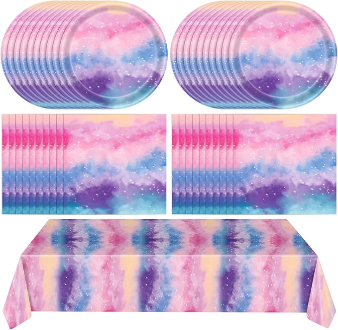 41Pcs Outer Space Galaxy Party Decorations Tie Dye Starry Sky Theme Tableware Psychedelic Mysterious Nebula Plate,Napkin,Tablecloth丨Starry Night Sky Universe Birthday Baby Shower Decor| Serves 20