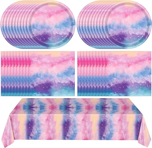 41Pcs Outer Space Galaxy Party Decorations Tie Dye Starry Sky Theme Tableware Psychedelic Mysterious Nebula Plate,Napkin,Tablecloth丨Starry Night Sky Universe Birthday Baby Shower Decor| Serves 20