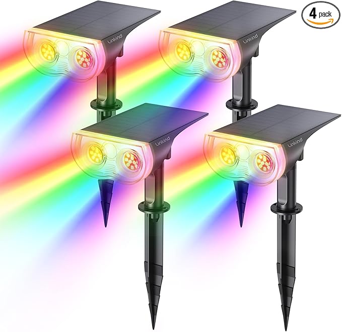 Linkind RGB Christmas Solar Lights Outdoor Waterproof IP67 StarRay Color Changing Spot Lights Outdoor for Yard Garden Pathway Holiday Christmas Decorations (Multicolor, 4 Pack)