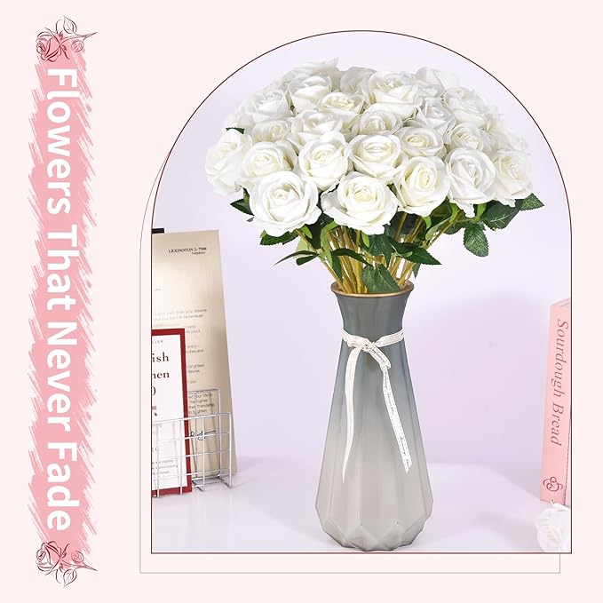 102 PCS Fake Roses Artificial Flowers Bulk, White Roses Bridal Bouquet Silk Faux Rose with Stems for Wedding Flowers Decoration, Valentine's Day, Bridal Bouquet, Anniversary,Home Decor(102PCS, White)