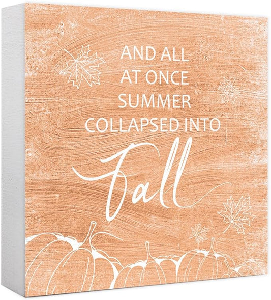 Funny Autumn Wood Box Sign Into Fall Wooden Block Desk Decor for Home Office Kitchen Cubicle Table Shelf Tabletop,Farmhouse Fall Sign Decor