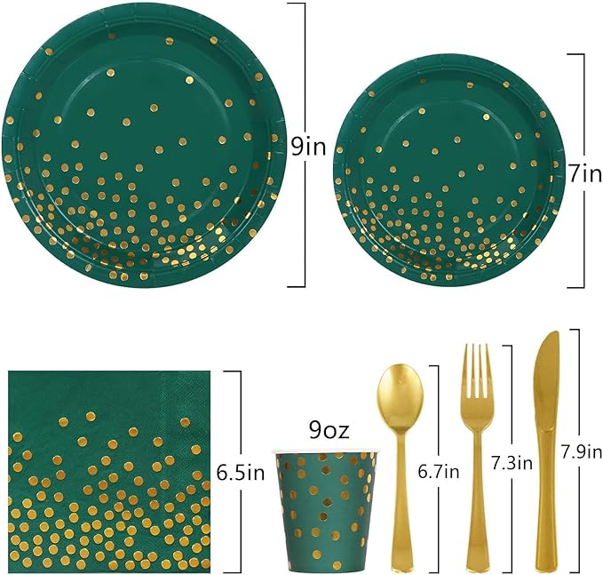 175Pcs Green Plates and Napkins Party Supplies, Green and Gold Party Decorations for Birthday Graduation Party Decorations Serve 25