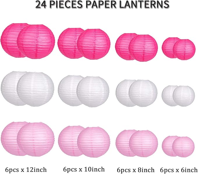 24pcs Hanging Round Paper Lanterns for Wedding Birthday Party Baby Showers Decoration Pink/White