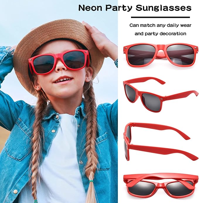 12/24 Pack Wholesale Retro Neon Colors Party Favor Supplies Unisex Sunglasses Bulk for Adults Teens, UV400 Protection