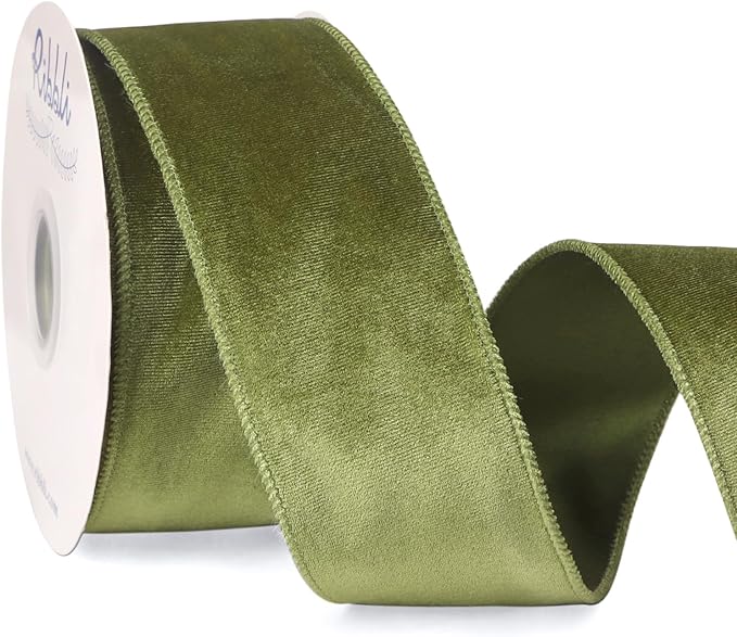 Ribbli Olive Green Velvet Wired Ribbon 2.5 Inch Velvet with Satin Christmas Ribbon for Gift Wrapping Christmas Tree Decoration Crafts Wreaths Supplies-Continuous 10 Yards
