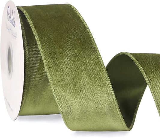 Ribbli Olive Green Velvet Wired Ribbon 2.5 Inch Velvet with Satin Christmas Ribbon for Gift Wrapping Christmas Tree Decoration Crafts Wreaths Supplies-Continuous 10 Yards