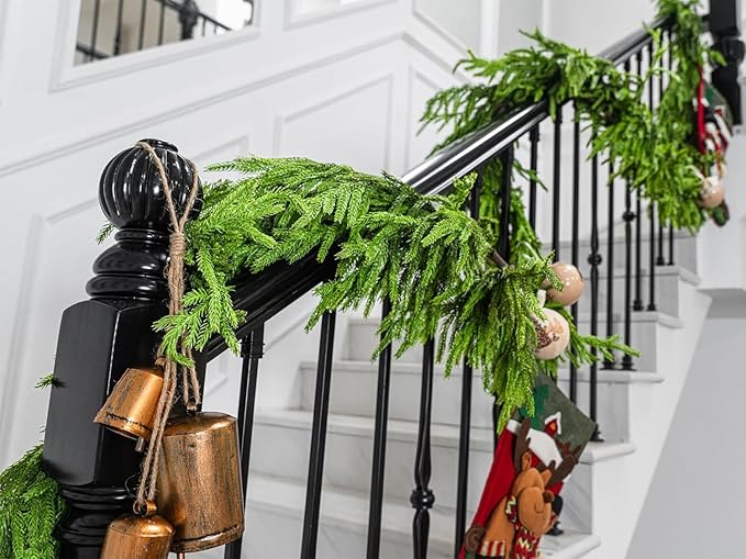 Faux Norfolk Pine Christmas Garland – Real Touch Greenery Artificial Cedar Christmas Garland for Fireplace Mantel, Staircase, Door Frame, Holiday Indoor Winter Décor (15FT)