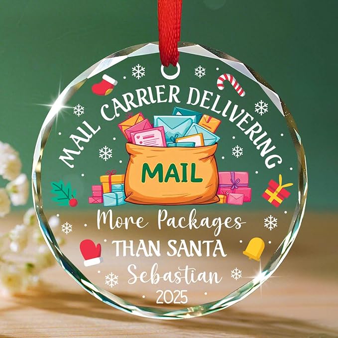 Personalized Mailman Ornaments Christmas 2025, Mail Carrier Delivering More Packages Than Santa Glass Ornament, Xmas Tree Decoration for Mailman Postal Worker & Driver, Custom Name & Year Ornaments