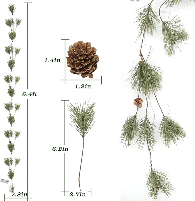 6.4ft Smokey Christmas Garland with Lights, Prelit Natual Rustic Cedar Pine Garland with Pine Cones for Home New Year, Mantle, Fireplace, Indoor Outdoor Decoration Simple Garland