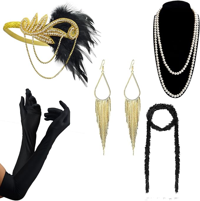 DRESHOW 1920s Great Gatsby Accessories for Women Flapper Headpiece Headband Gloves Costume Harlem Nights Accessories Set