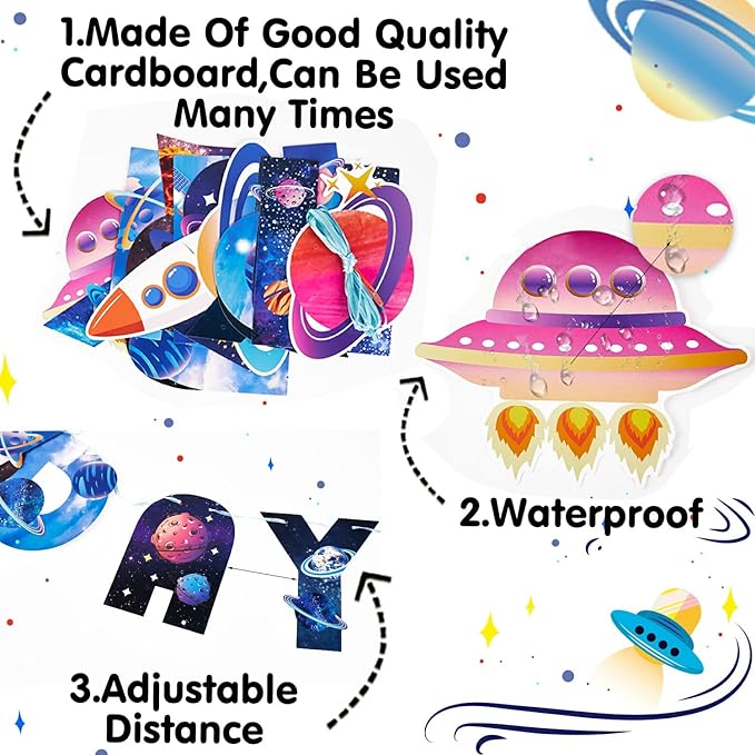 SUNBEAUTY Universe Outer Space Theme Birthday Banner Galaxy Happy Birthday Party Decoration Space Birthday Decorations Solar System Decoration | Pre-Strung