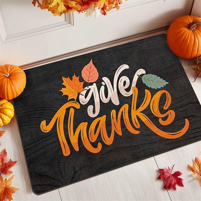 InterestPrint Fall Thanksgiving Welcome Door Mat, Give Thanks Decor for Covered Outdoor Area Fall Maple Leafs Decor Welcome Mat for Autumn Halloween Thanksgiving Farmhouse Decor, 24"x16"inch