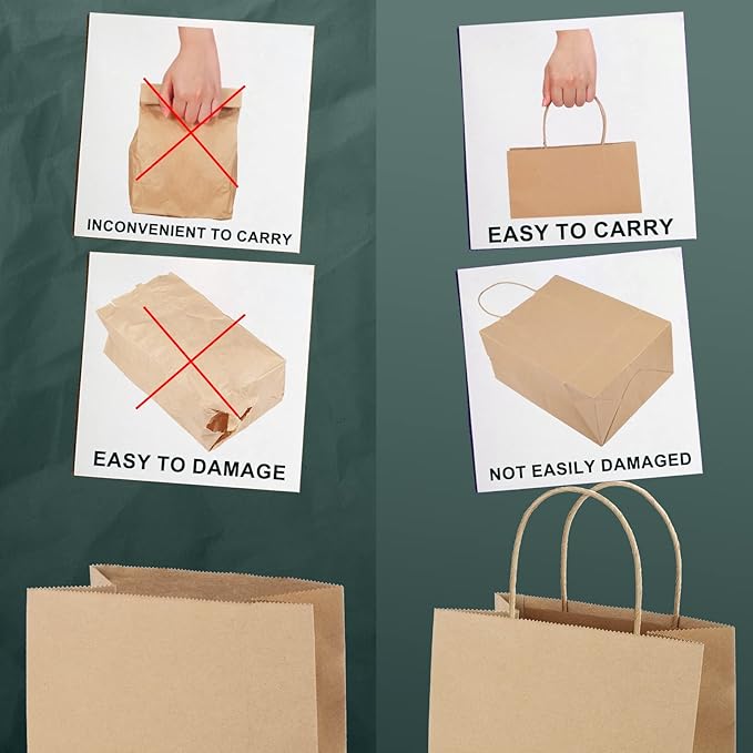 METRONIC Gift Bags with Handles,16x6x12 Inch Recyclable Brown Paper Bag 50 Pack, Kraft Shopping for Business Grocery (Bulk)