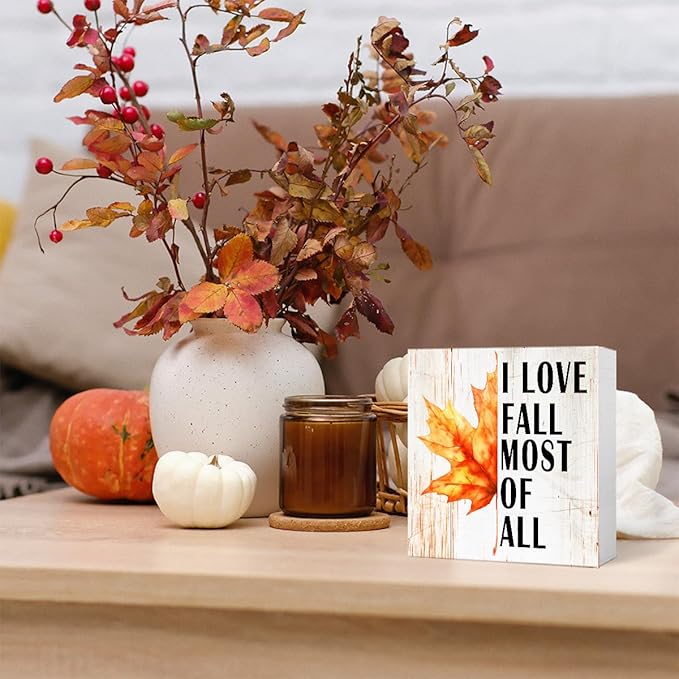 Funny Autumn Maple Leaves Wood Box Sign I Love Fall Most Of All Wooden Block Desk Decor for Home Office Kitchen Cubicle Table Shelf Tabletop,Farmhouse Fall Sign Decor