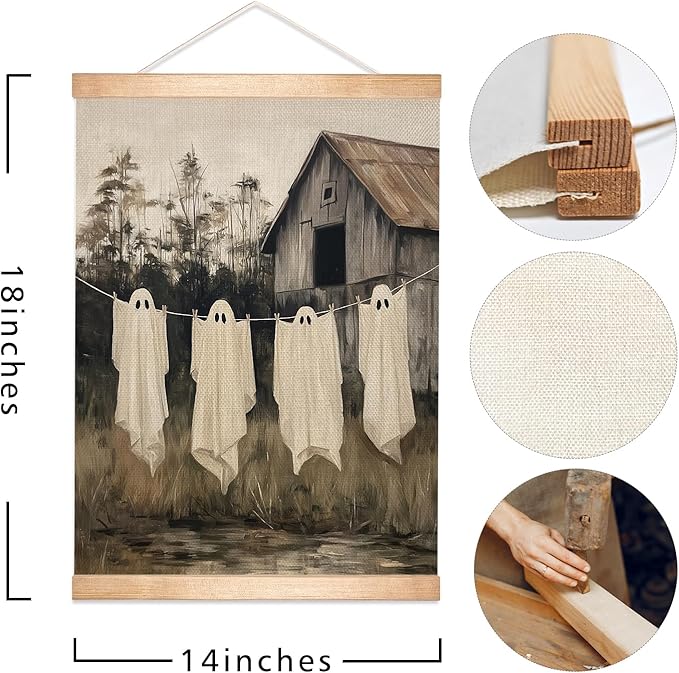 Rustic Halloween Ghost Linen Canvas Wall Art 18.5x14 Inch, Vintage Farmhouse Barn Wall Hanging Poster, Spooky Fall Decor, Retro Gothic Haunted House Theme Wall Poster for Living Room Bedroom (BLK08)
