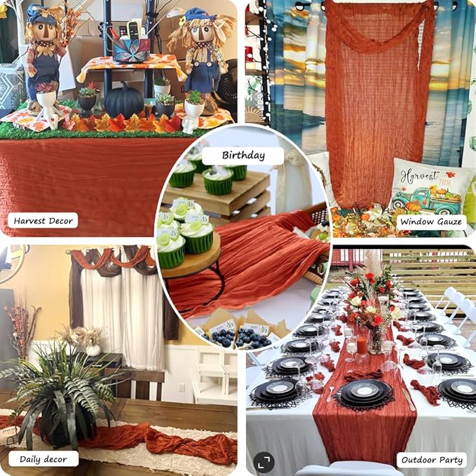 Booque Valley Fall Table Runner Terracotta Cheesecloth 10ft Soft Boho Wrinkled Decorative Gauze Sheer for Autumn Thanksgiving Holiday Party Centerpiece Decoration Table Decor, 35x120 Inch, 1 Pc