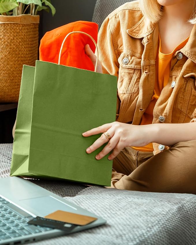 qiqee Light Olive Green Gift Bag with Handles Bulk 24Pcs Paper Bags -10.6"x8.3"x4.3"Party Favor Bags - Solid Color