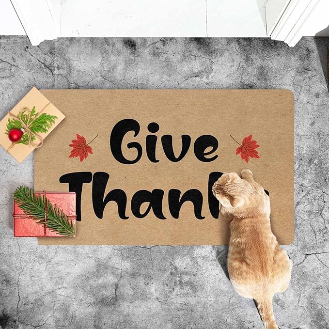 InterestPrint Fall Thanksgiving Welcome Door Mat, Give Thanks Doormat for Front Door Outdoor Outside Entrance Porch Non Slip Rubber Rug Autumn Thanksgiving Christmas Farmhouse Decor