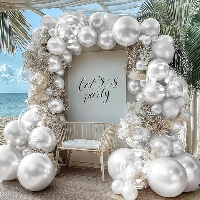 Pearl Silver Balloon Arch Double Stuffed Pearl Metallic Silver Balloon Garland Kit Different Sizes 12/10/5in With Clear Bobo Balloons for Birthday Wedding Bridal Baby Shower Graduation Party Decor