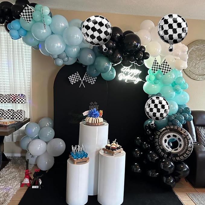 Race Car Balloons Garland Arch Kit, Dusty Blue Balloons Green Black Balloon Pale Blue Metallic Silver Balloon Arch Kit with Checkered Foil Balloon for Car Fast Birthday Baby Shower Party Decorations