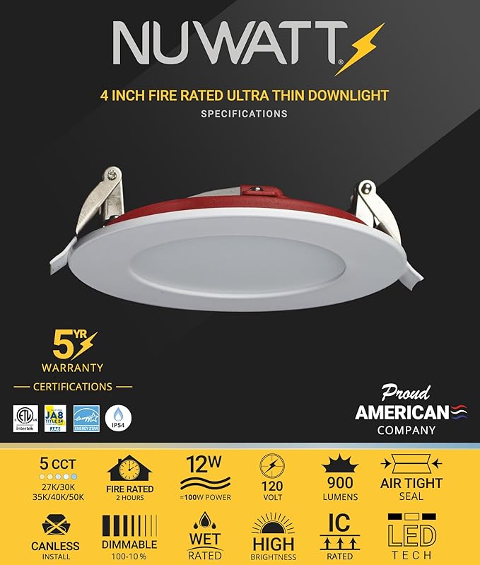 NUWATT 12 Pack, 4 Inch 2 Hour Fire Rated LED Recessed Light, 2700K/3000K/3500K/4000K/5000K Selectable, 900 Lumens, Dimmable, IC Rated, Wet Rated Ultra Thin Canless LED Downlight, No Fire Cone Needed