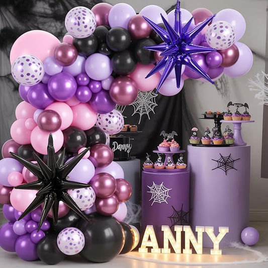 Pink and Purple Balloon Garland Arch Kit, Black Purple Pink Metallic Confetti Latex Party Balloons with Explosion Star Foil Balloon for Girls Bridal Baby Shower Wedding Birthday Party Decorations