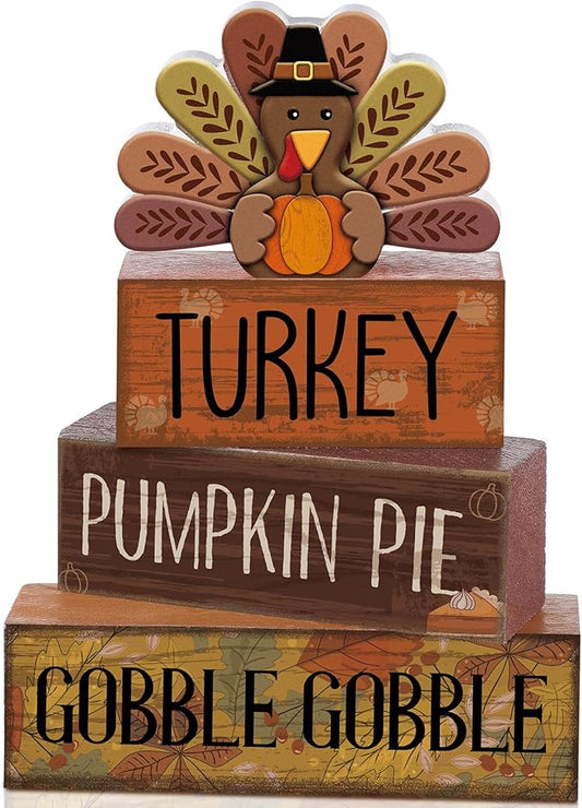 4 Pcs Thanksgiving Decorations for Home Wooden Turkey Decor Fall Tiered Tray Decor Thanksgiving Table Centerpiece Rustic Wooden Turkey Block Sign for Autumn Harvest Party Kitchen Shelf