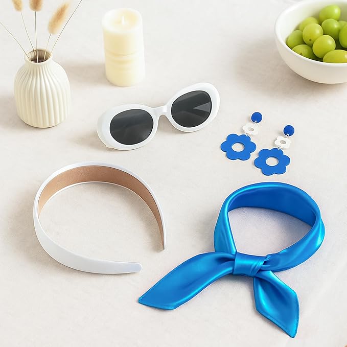 4 Pcs 70s 60s Accessories Women Hippie Disco Groovy Costume Accessories Headband Dangle Earrings Sunglasses Silk Scarf