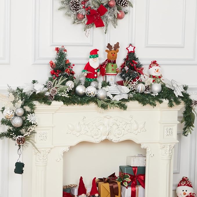 GarveeHome Christmas Garland with Lights, 6 ft Prelit Outdoor Christmas Garland with Silver White Christmas Balls Pine Cones for Mantle Front Door Table Centerpiece Indoor Home Holiday Decorations